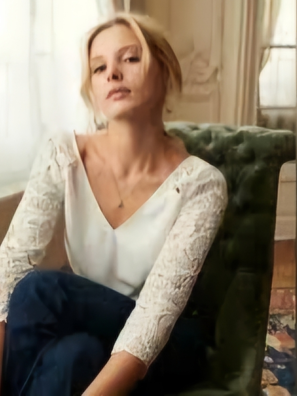 Sezane White Lace Sleeve V-Neck Blouse